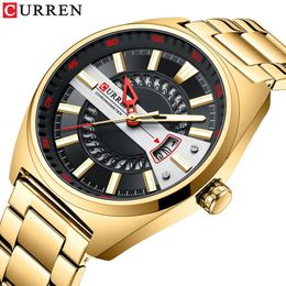 Wristwatches CURREN Men Watch Stainless Steel Band Luxury Quartz Wristwatches for Male Creative Design Golden Clock with Luminous 231207