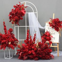 Dried Flowers Red Rose Gold Leaf Artificial Flower Row Hyacinth Poppy Decor Wedding Party Arch Marriage Welcome Sign Road Lead Fake Floral 231207