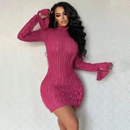 Casual Dresses Women Solid Wave Ruffles Mesh Bodycon Mini Dress 2024 Spring Turtleneck Flare Long Sleeve Slim Club Party Outfits Y2K