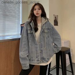 Women's Jackets Preppy Style Hooded Denim Jacket Women Full Sle Patchwork Loose Coat 2022 New Fe Jean Coat Streetwear Outfit L231208