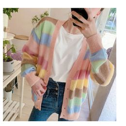 New Sweater Ins Autumn Women New Top Rainbow Stripe Age Reducing Loose Long Lazy sweater Cardigan Coat Colour Contrast 201202