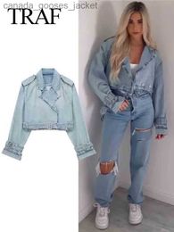 Women's Jackets TRAF 2023 Women Crop Denim Jacket Belt Long Sle Coats Women Frayed Streetwear Fe Blue Denim Jacket Crop Top L231208