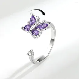 Wedding Rings Style Purple Rotatable Zircon Butterfly Open Ring Commemoration Day Gift Gifts To Engagement For Women