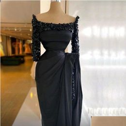 Evening Dresses Black Square Neck Mermaid Evening Dresses 2024 Beaded Crystal Half Sleeve Formal Gown Peplum Side Split Long Celebrity Otxzh