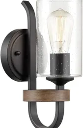 Wall Lamp Industrial Seeded Cylindrical Glass Sconce | Farmhouse Black & Wood Grain Finish Accented Bathroom Light Luces Led Para Habita