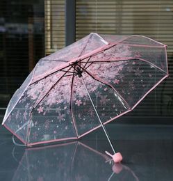 100pcslot Transparent Clear Umbrella Handle Windproof 3 Fold Umbrella Cherry Blossom Mushroom Apollo Sakura women Girl039s Umb3147890