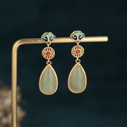 Charm Chinese Style Painted Enamel Drop Earrings For Women Imitation Emerald Hetian Jade Pendant Temperament Ear Jewelry Gift 231208