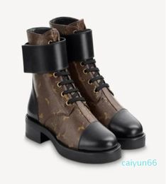 Women Leather Ankle Boot Wonderland Ranger Designer Lady Buckle Canvas Strap Laceup Rubber Outsole Flat Booties