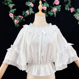 Women's T-Shirt Sweet Lolita Chiffon Blouses Women Cute Bow Ruffles Three Quarter Flare Sle Undershirt Girl Kai Off Shoulder Shirt Crop TopL231208