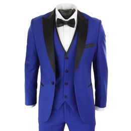 Royal Blue Wedding Tuxedos Mens Suits With Black Shawl Lapel 3 Pieces Jacket Pants Vest Slim Fit Groom Wear Groomsmen Prom Party Blazer Set