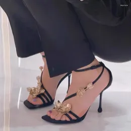 Sandals 2024 Summer Golden Flower Square Toe Stiletto High Heels Single Shoes With Sexy Open Design Women