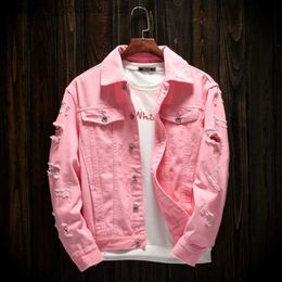 Women's Jackets Men Pink Denim jackets Outerwear Jean Coats New Spring Autumn Men Holes Jena Jackets Men Slim Denim Jackets Size 4XL L231208