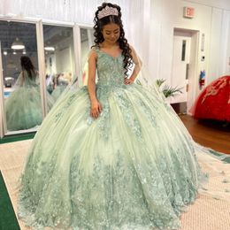 Sweet 16 Sage Green Princess Quinceanera Dress With Cape Lace Bow Crystal Beading Ball Gown Vestidos De 15 Anos Corset