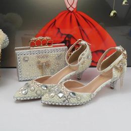 Dress Shoes Ivory Pearl Bridals Party And Bag Set Thin Heel Pointed Toe Women Evening Buckle Ankle Strap Shoe