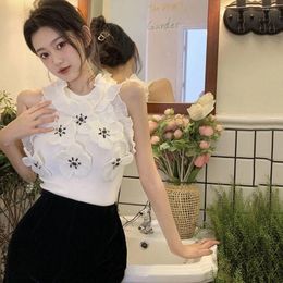 Work Dresses 3D Floral Sling Tanks Vest Women's 2 Piece Set Crop Tops Sleeveless Mini Pleated Skirt Summer Camis Sweet Ruffles Y2k Outfit