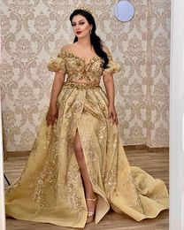 Gold Tunisia Evening Arabic Glitter Dresses Lace Appliques Front Split Two Pieces Prom Dress Short Sleeves Modern Special Ocn Gowns For Women 2024