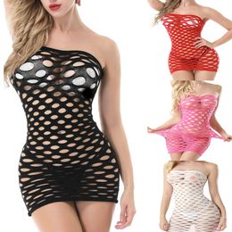 Women's Fishnet Hollow Dress Mesh Doll Stretch Cotton Sexy Short Skirt Underwear Lingerie Porno