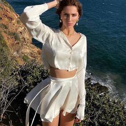 Skirts White Elegant Satin 2 Two Piece Set Women Lantern Long Sleeve Crop Tops Cardigan Sexy High Waist Mini Tennis Sport Skirts 231207