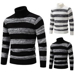 Men s Sweaters Autumn and Winter Sweater Korean Pullover of Black White Stripes Stitching High necked Slim Undershirt 231208