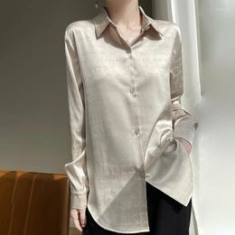 Women's Blouses Spring Thin High-End Drape Satin Shirt Jacquard Letter Silk Smooth Long Sleeved Lapel Cardigan Real