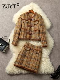 Two Piece Dress ZJYT Winter Sets 2 for Women Vintage Outfit 2023 Single Breasted Tweed Woollen Jacket Skirt Suit Elegant Lady Fashion 231207