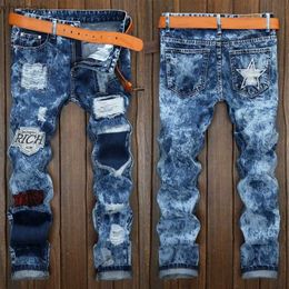 Men's Jeans Mens High Quality Snow-wash Denim Pants Light Luxury Ripped Blue Jeans Slim-fit Patches Embroidery Street Fashion Jeans; YQ231208