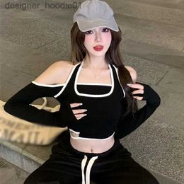 Women's Tanks Camis Patchwork Halter T-Shirts For Women Off Shoulder Hollow Sexy Y2K Crop Top Streetwear Tee-Shirt High Waist Long Sle Tops L231208