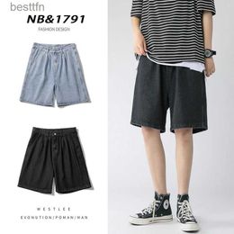 Men's Jeans 2022 Summer New Men's Baggy Straight Denim Shorts Korean Style Fashion Casual Loose Short Jeans Light Blue BlackL231208