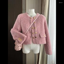 Women's Jackets Pink Woolen Small Fragrance Sweet Coat Women Double-breasted Solid Color Autumn Winter Warm Long-sleeved Office Jacket