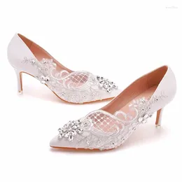 Dress Shoes Luxury Pumps Women Pointed Toe Rhinestone Slip-On PU 7CM Thin Heels Lace Lady Wedding Japanese Style White