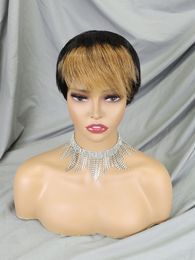 Straight Short Pixie Cut Wig With Bangs 100% Human Hair Machine Made Lace Wigs For Women