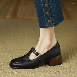 Dress Shoes Women's T Strap Leather Square Toe Oxford Brown Mid Heels Designer Black Pumps Chunky Sewing