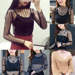 Women's Blouses Women Sexy T Shirts Mesh Tops Sheer Long Sleeve Ladies Blouse See Through Transparent Top Clothing T-shirt Black Shirt