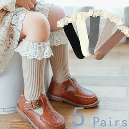 Kids Socks 5 Pairs/lot Baby Girls Socks Long Socks Kids Princess Lace Ruffle Knee Length Soft Cotton Baby Socks Kids 0-8 Years Socks 231207