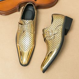 Dress Shoes Gold for Men Wedding Loafers Pointed Toe Fish Scale Pattern Buckle Strap Silver with Size 39 45 231208