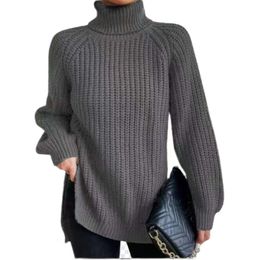 Cashmere Sweater Women Autumn/winter New Knitwear Mid Length Raglan Sleeve High Flip Collar Split Sweater Dress 381