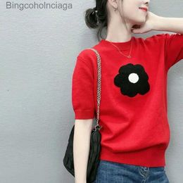 Women's T-Shirt Stylish Loose Spliced Korean Embroidery Blouse Women's Clothing 2023 Spring New Casual Pullovers Short Sle All-match ShirtL231208