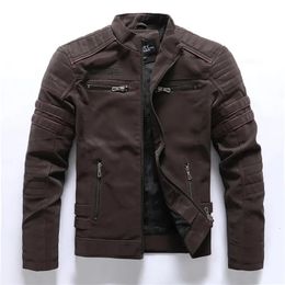 Men s Leather Faux Winter Jacket Fleece Warm Causal Motorcycle Embroidery PU Coats Fashion Multi pocket Vintage Outwear Male Autumn Jackets 231208