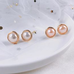 Stud Earrings LJHMY Pearl 14K Gold Plated Wrap Wire White Pink Black Grey Purple Gothic Boho