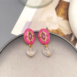 Dangle Earrings Korean Heart Shape Glass Enamel Glaze Inlaid With Red Zircon Drop For Women Delicate Fashion Luxury Jewelry