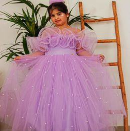 2023 Lilac Sheer Neck Flower Girl Dresses Ball Gown Tulle Pearls Vintage Little Girl Christmas Peageant Birthday Christening Tutu Dress Gowns ZJ4236