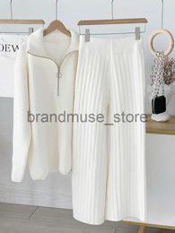 Women's Two Piece Pants Autumn and Winter Zipper Sweaters Set Thickening Warm Knitted High Waist Women Pants Suit White Elegant Two Piece Set for Women J231208