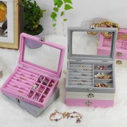 Jewelry Pouches Gray Velet Transparent Glass Dustproof Ring Pendent Display Organizer Box Tray Holder Earring Jewellery Storage Case