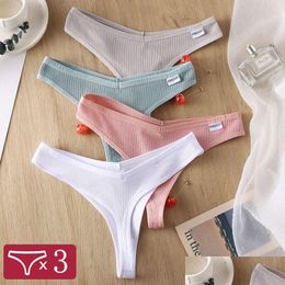 Women'S Panties 3Pcs/Set Women Cotton Thongs Sexy Low Waist G-String Briefs Ladies Brazilian Lingerie Girls Breathable Intimates Dro Dh1Gw