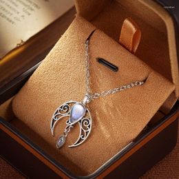 Pendant Necklaces Vintage Silver Colour Hollow Moon Necklace For Women Girls Inlaid Water Drop Moonstone Bohemian Jewellery Party Gifts