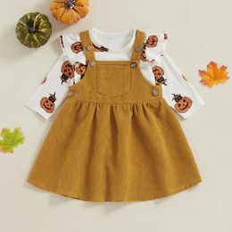 Clothing Sets Suefunskry Baby Girls Halloween Outfits Pumpkin/Ghost Print Ruffled Long Sleeve Romper And Corduroy Suspenders Dress