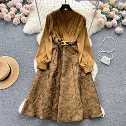 Casual Dresses Court Retro Maxi For Women Jacquard V-neck Patchwork Folds Belted Female Long Dress Autumn Elegant Vestidos Drop