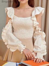 Women's T-Shirt Ruffles Off shoulder Long sle Fashion Blouse Designer Korean Youth Elegant White Crop Top Beautiful Clothes 2023 NewL231208