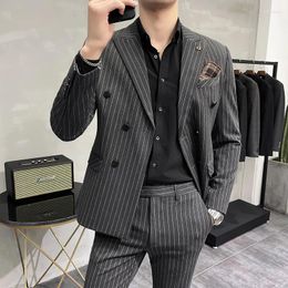Men's Suits 2023Business Striped Double-breasted (suit Trousers) Fashion Business Suit Male Slim Trendy Party Groom Wedding Two-piece