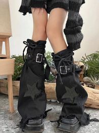 Women Socks 90s Star Embroidery Y2k Denim Flare Retro Lace Up Bandage Japanese Style Girls Boots Cover Long Knee-high